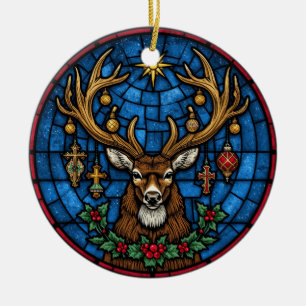 Décoration En Céramique Vitrail Religieux Cerf et Croix