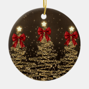 Décoration En Céramique Vœux de fêtes Arbres de Noël dorés avec rubans rou