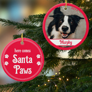 Décoration En Céramique Voici Père Noël Paws Chien Photo Red Ornament