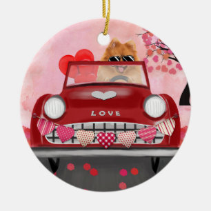 Décoration En Céramique Voiture de chien Pomeranian avec coeurs Saint-Vale