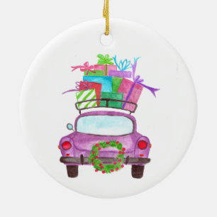 Décoration En Céramique Voiture de Noël aquarelle peinte à la main