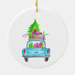 Décoration En Céramique Voiture de Noël aquarelle peinte à la main