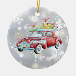 Décoration En Céramique Voiture Red Vintage avec sapin de Noël et flocons 