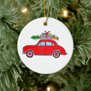 Décoration En Céramique Voiture rouge avec arbre de Noël Aquarelle