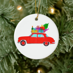 Décoration En Céramique Voiture rouge avec cadeaux de Noël Aquarelle