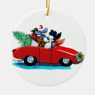 Décoration En Céramique Voiture rouge Vintage de caniche de Noël