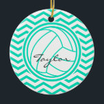 Décoration En Céramique Volley-ball personnalisé; Aqua Green Chevron<br><div class="desc">Vous aimerez ce joli design personnalisé de volley-ball sur motif à rayures d'aqua,  vert turquoise et blanc chevron. Un cadeau idéal pour les joueurs de beach-volley ou d'intérieur ou les amateurs de sport.</div>