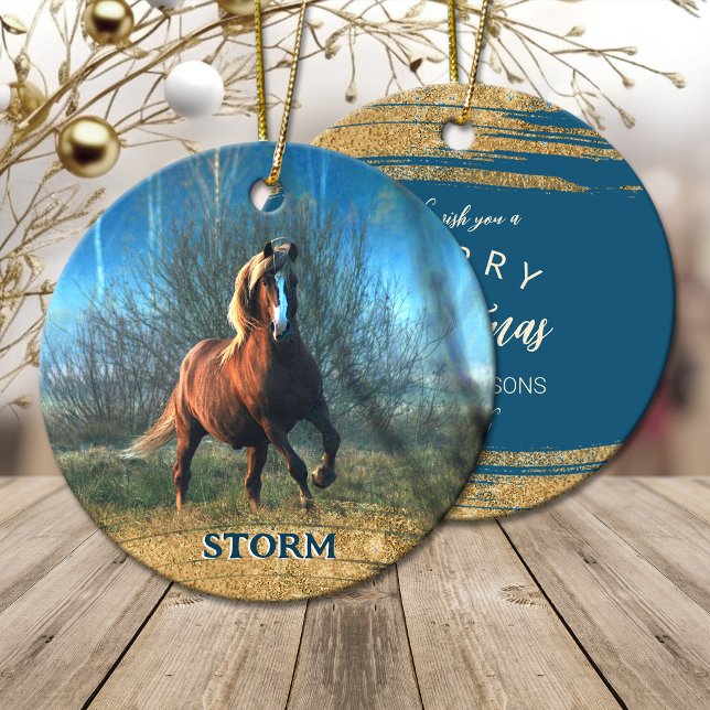 Décoration En Céramique Votre cheval photo Noël or parties scintillant (Your horse photo Christmas gold glitter Ceramic Ornament)