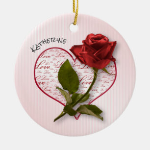 Décoration En Céramique Votre nom Rose rouge et photo florale des tiges