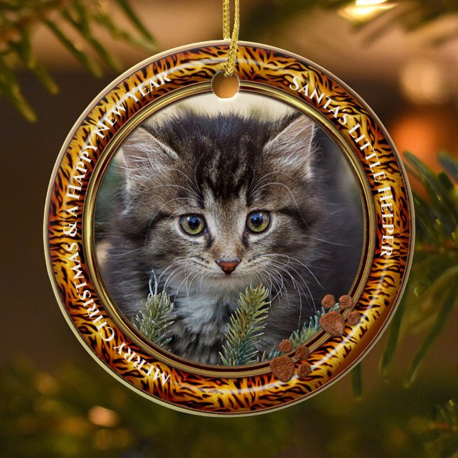 Décoration En Céramique Votre photo Kitty Keepsaké Noël (Christmas ornament featuring a photo of your own kitty (optional) framed by a tiger fur print border)