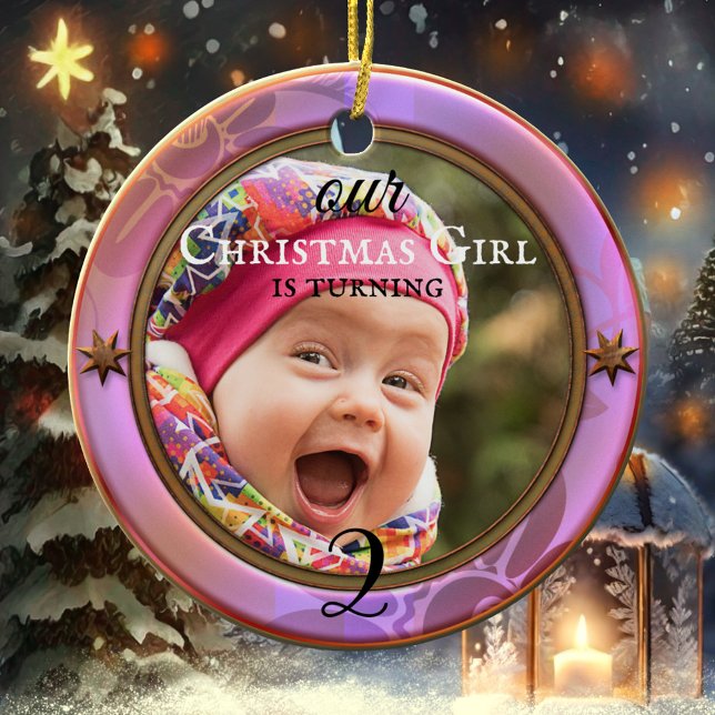 Décoration En Céramique Votre photo Purple Girl Anniversaire Noël (Christmas child birthday girl festive holiday photo ornament)