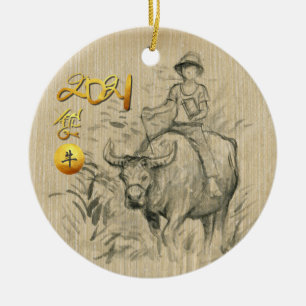 Décoration En Céramique Water Buffalo Kid Chinese Ox Year 2021 CRO