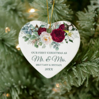 Watercolor Burgundy Floral Greenery Mr. and Mrs.