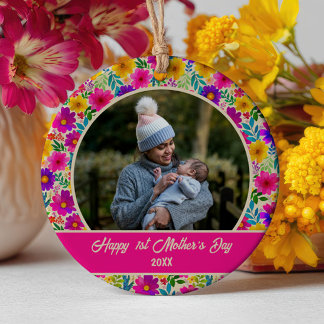 Décoration En Céramique Watercolor Floral Pattern 1st Mother's Day Photo