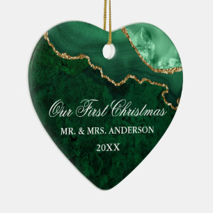 Décoration En Céramique Watercolor Green Marble Geode Wedding Heart PHOTO