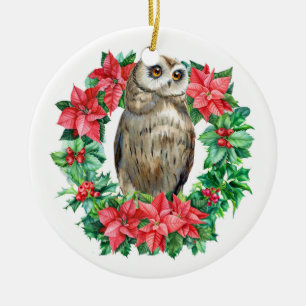 Décoration En Céramique Watercolor Owl Botanical Wreath Christmas Photo