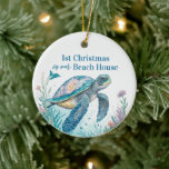 Décoration En Céramique Watercolor Sea Turtle 1er Christmas Beach House<br><div class="desc">Aquarelle ornement tortue de mer avec le texte "1er Noël dans notre maison de plage" en bleu et vert pour un Noël côtier. Personnalisez-le avec votre nom de famille ou un message et l'année derrière.</div>