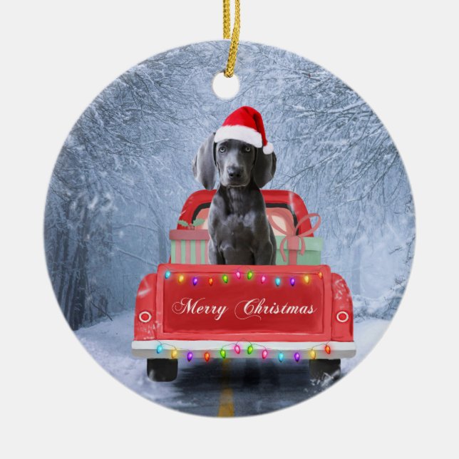 Décoration En Céramique Weimaraner Dog in Snow sitting in Christmas Truck  (Devant)