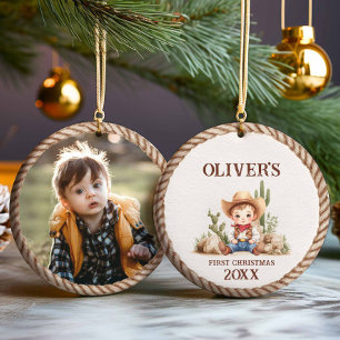 Décoration En Céramique Western Baby Boy First Christmas Photo Ornament