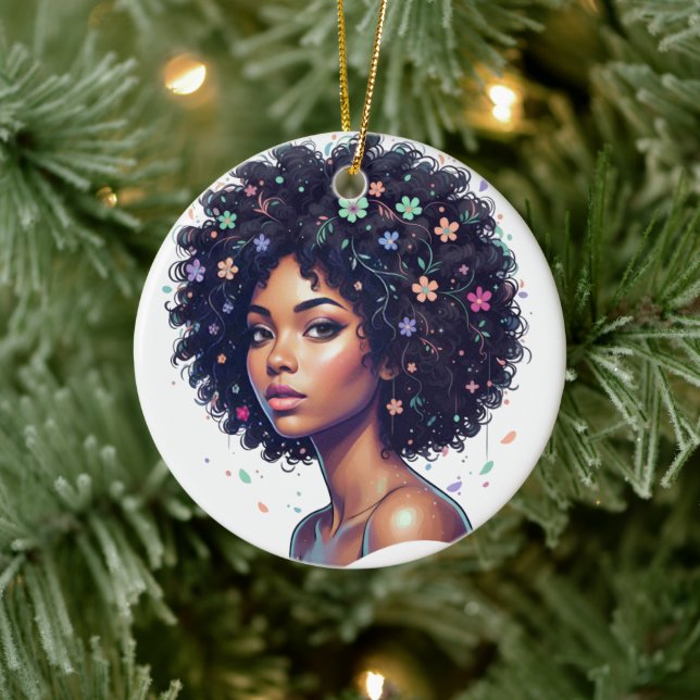Décoration En Céramique Whimsical Black Girl W/ Flower Adorned Afro (Arbre)