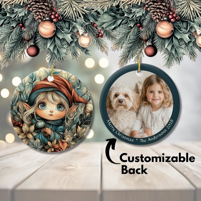 Décoration En Céramique Whimsical Christmas Elf personnalisable (Whimsical Christmas Elf Customizable Ceramic Ornament)