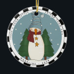 Décoration En Céramique Whimsical Country Snowman ami personnalisé<br><div class="desc">Whimsical Country Snowman Personnalisé Friend Ceramic Ornament - fait le cadeau parfait pour votre(vos) ami(s). Un bonhomme de neige primitif est habillé de son meilleur casquette rayé bleu et écharpe bordeaux aux étoiles jaunes moutarde et se tient entre 2 pins sur un arrière - plan neigeux bleu. L'ornement dit :...</div>