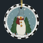 Décoration En Céramique Whimsical Country Snowman ami personnalisé<br><div class="desc">Whimsical Country Snowman Personnalisé Friend Ceramic Ornament - fait le cadeau parfait pour votre(vos) ami(s). Un bonhomme de neige primitif est habillé de son meilleur casquette rayé bleu et écharpe bordeaux aux étoiles jaunes moutarde et se tient entre 2 pins sur un arrière - plan neigeux bleu. L'ornement dit :...</div>