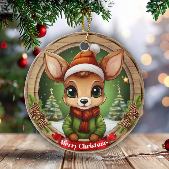 Décoration En Céramique Whimsical Winter Wonderland Woodland Wildlife 🦌🎄 (Custom Whimsical Winter Wonderland Woodland Wildlife Xmas Deer Character Decor Ceramic Ornament 🦌🎄)