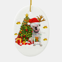White Boxer Dog Christmas Lights Tree Santa hat
