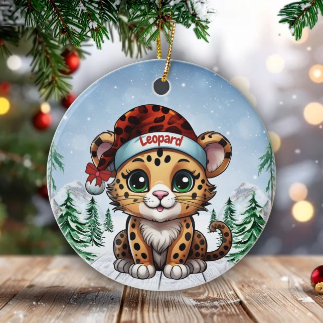 Décoration En Céramique Wild Feline Lovers Woodland Wildlife Kitten 🐆🐈🐾 (Custom Name Leopard Christmas Ornament Personalizable Cat Xmas Decor Kitty Holiday Decoration 🐆🎄)