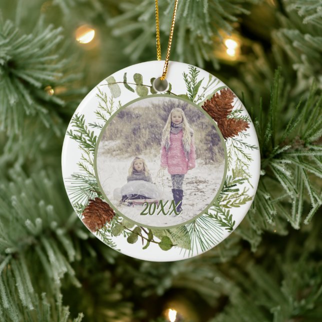 Décoration En Céramique Winter Greenery Aquarelle photo recto verso (Arbre)