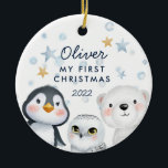 Décoration En Céramique Winter Snow Arctic Animals Baby 1st Christmas<br><div class="desc">Are you looking for a cute baby keepsake for Christmas? Check out this Winter Snow Arctic Animals Baby 1st Christmas Ceramic Ornament. It features a cute penguin, a polar bear, and a snow owl with watercolors snowflakes and stars in the background. You can add your own details and a cute...</div>