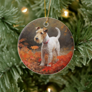 Décoration En Céramique Wirefox Terrier en Feuilles d'Automne Tomber Inspi
