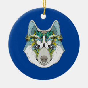 Décoration En Céramique Wolf husky embelli vert bleu