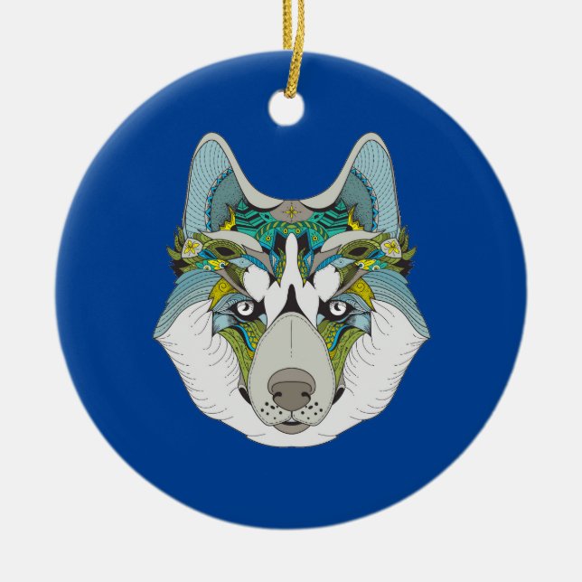 Décoration En Céramique Wolf husky embelli vert bleu (Devant)