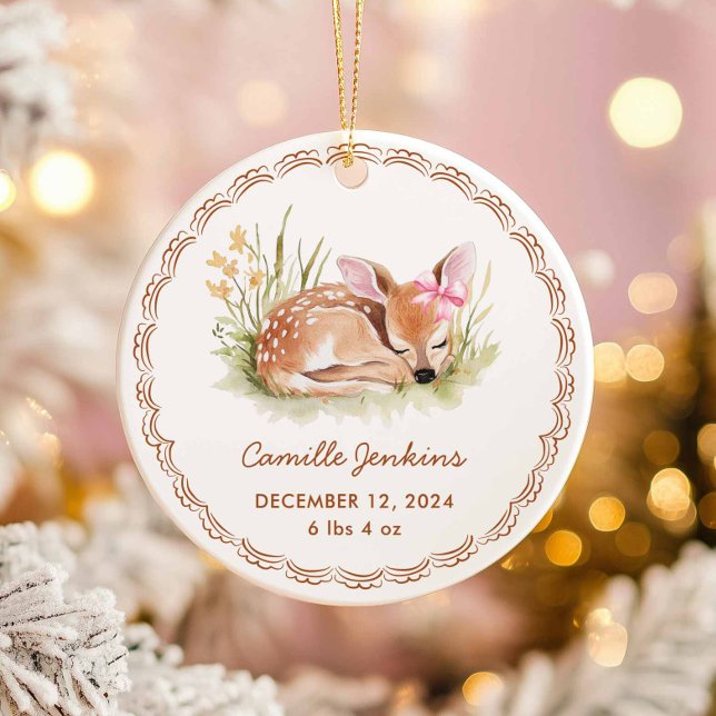 Décoration En Céramique Woodland Girl Baby Birth Stats Photo Christmas (Cute Deer Fawn Girl Baby Birth Stats Ornament)