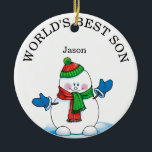 Décoration En Céramique World's Best Son Snowman Christmas<br><div class="desc">World's Best Son Snowman Christmas Ceramic Ornament with the year on the back.  This ornament design has a cute snowman on a blue snowflake background.    Change the text to daughter,  grand son ,  nephew,  uncle ,  wife or any special person  in your life.</div>