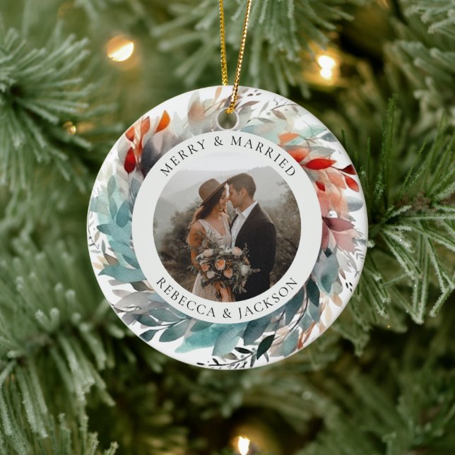 Décoration En Céramique Wreath de Noël moderne | Photo mariée et joyeuse (Arbre)