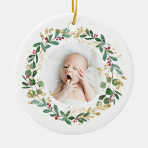 Décoration En Céramique Wreath Gold Foliage Baby First Christmas Modern