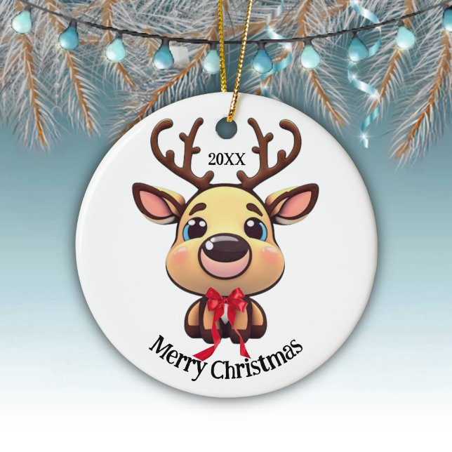 Décoration En Céramique Xmas Reindeer, cerf aux bois, dessin animé (Customizable Baby ReinDeer Funny Fawn Doe Xmas Merry Christmas White Round Deer Ceramic Ornament🦌🎄)