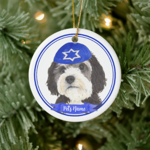 Décoration En Céramique Yarmulke de Hanukkah personnalisé Bernedoodle bleu