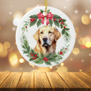 Décoration En Céramique Yellow Lab Retriever Red Bow Holly Wreath