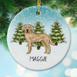 Décoration En Céramique Yellow Labrador Retriever Blue Winter Nom personna<br><div class="desc">L'illustration originale de Destei d'un mignon chien jaune de race Labrador Retriever. Le chien est placé dans une scène hivernale avec des sapins verts et la chute de neige. L'arrière - plan est un dégradé bleu à blanc qui donne un aspect froid d'hiver. Il y a aussi une zone de...</div>