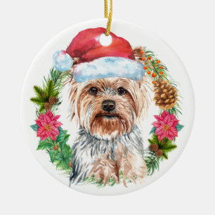 Décoration En Céramique Yorkie mignonne aquarelle Père Noël wreath art c
