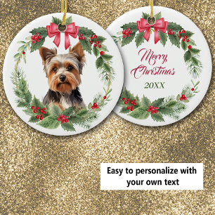 Décoration En Céramique Yorkshire Terrier Chien Red Bow Holly Wreath