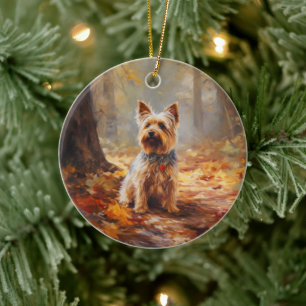 Décoration En Céramique Yorkshire Terrier en automne les feuilles tombent