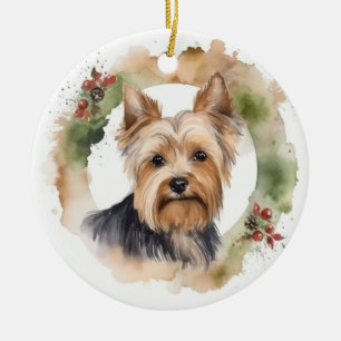 Décoration En Céramique Yorkshire Terrier Fête de la couronne de Noël Coup