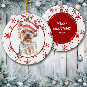 Décoration En Céramique Yorkshire Terrier Santa Hat Red Snowflake