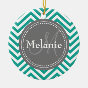 Décoration En Céramique Zigzag Turquoise monogramme bleu et gris