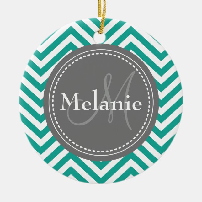 Décoration En Céramique Zigzag Turquoise monogramme bleu et gris (Devant)
